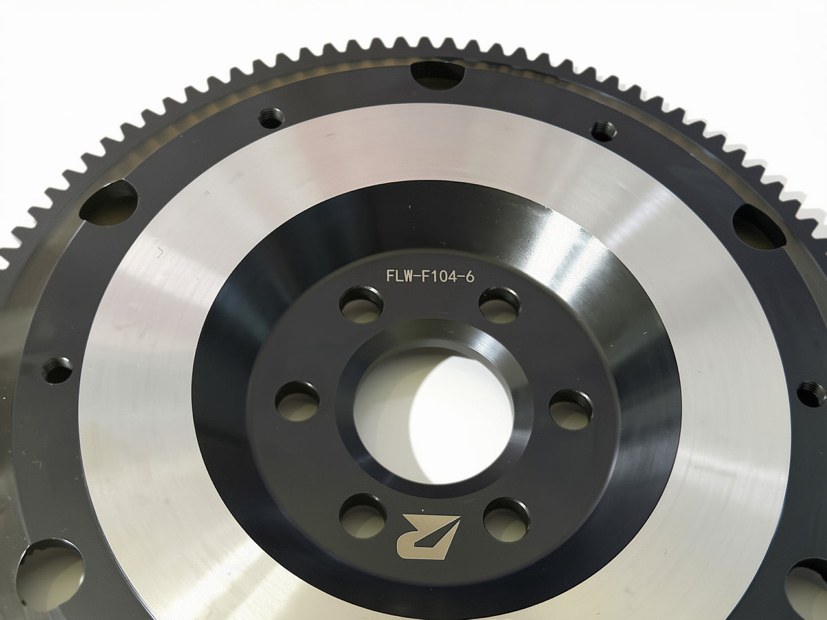 Retno 104T 6-Bolt Steel Flywheel – Black Oxide & Polished Aluminum Finish - retnoco