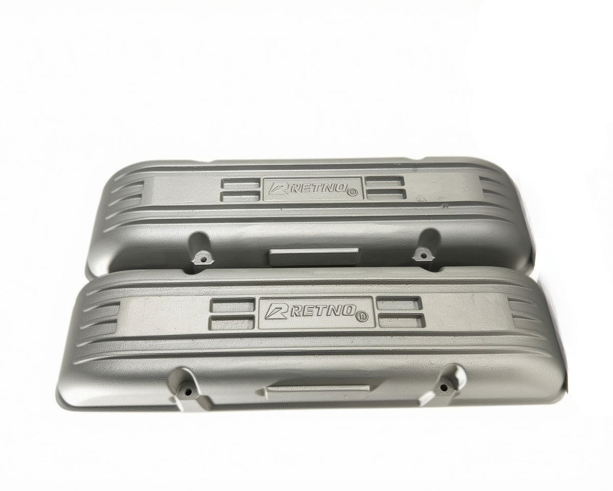 Retno SBC Aluminum Sand Cast Valve Covers - Natural Finish - retnoco