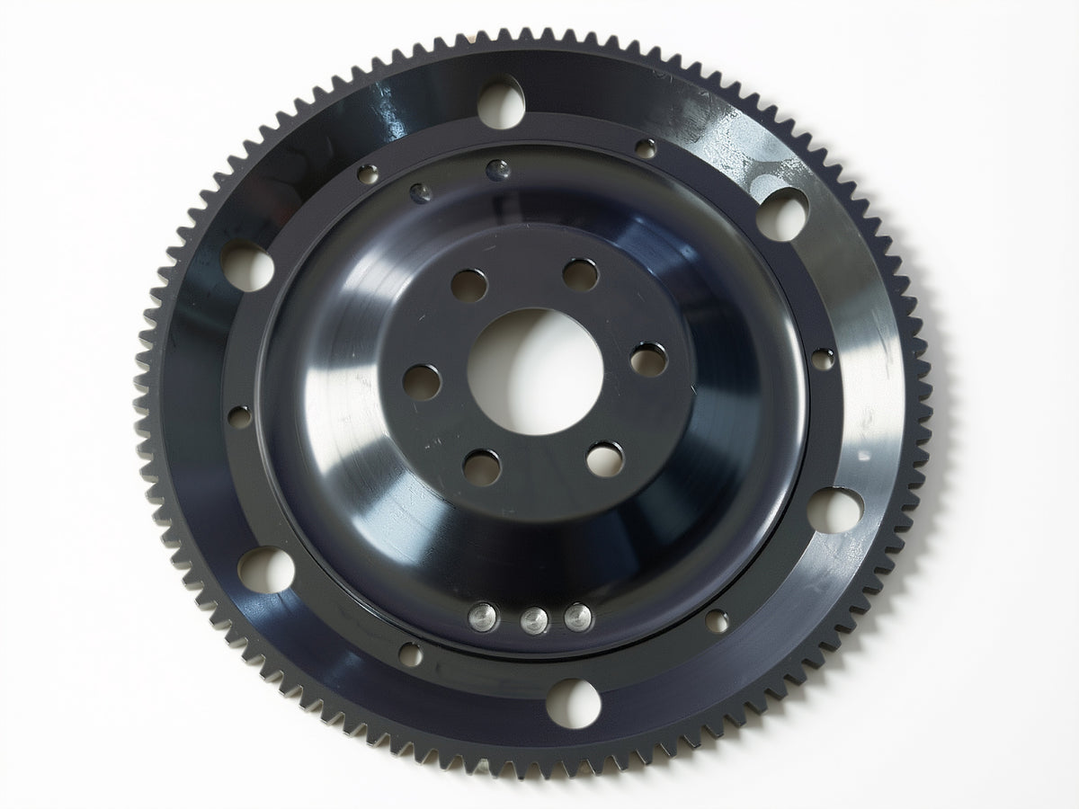 Retno 104T 6-Bolt Steel Flywheel – Black Oxide & Polished Aluminum Finish - retnoco