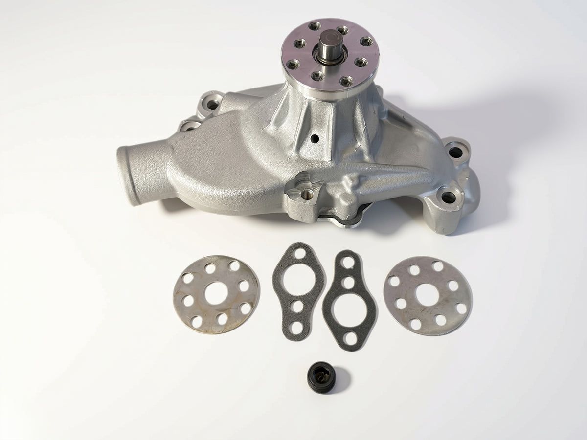 Retno High-Volume Aluminum Water Pump – Short Nose, Ribbed Housing, SBC - retnoco